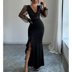 Elegant Black Maxi Dress with Sheer Sleeves
